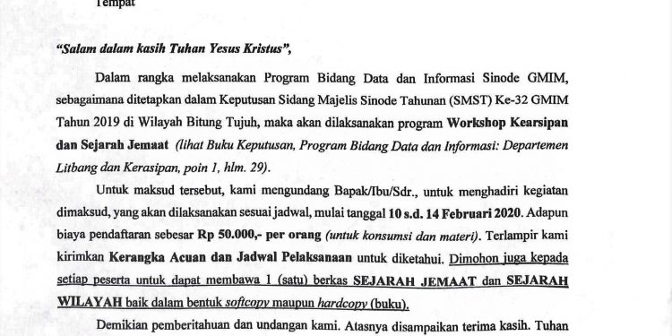 UNDANGAN “KERANGKA ACUAN WORKSHOP KEARSIPAN DAN SEJARAH JEMAAT TAHUN 2020”