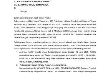 Pemberitahuan Penerapan New Normal dalam Pelayanan dengan Lampiran I Pedoman Refungsionalisasi Bertahap Gedung Gereja dan Ibadah Minggu Pada Masa Transisi, Lampiran II Petunjuk Teknis Pelaksanaan “NEW NORMAL” dalam Ibadah Kolom