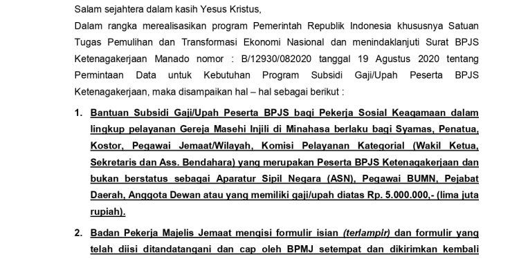 Pemberitahuan Bantuan Subsidi Gaji/Upah Peserta BPJS bagi Pekerja Sosial Keagamaan