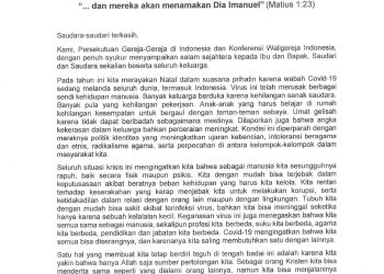 Pesan Natal Bersama Persekutuan Gereja – Gereja di Indonesia (PGI) dan Konferensi WaliGereja Indonesia (KWI) Tahun 2020