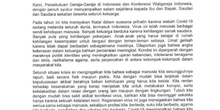 Pesan Natal Bersama Persekutuan Gereja – Gereja di Indonesia (PGI) dan Konferensi WaliGereja Indonesia (KWI) Tahun 2020